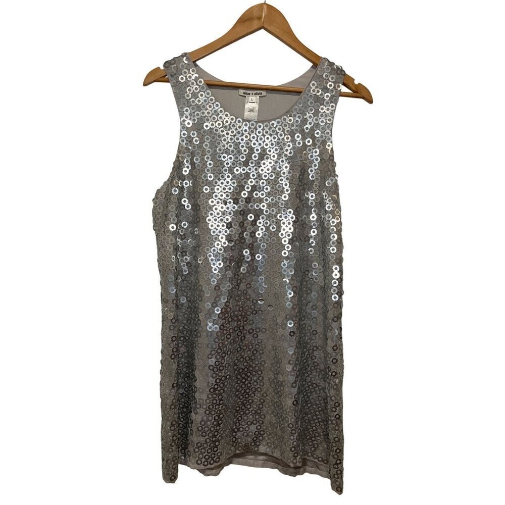 Alice + Olivia  Y2K Silver Sequin mini  Dress Large 100% Silk